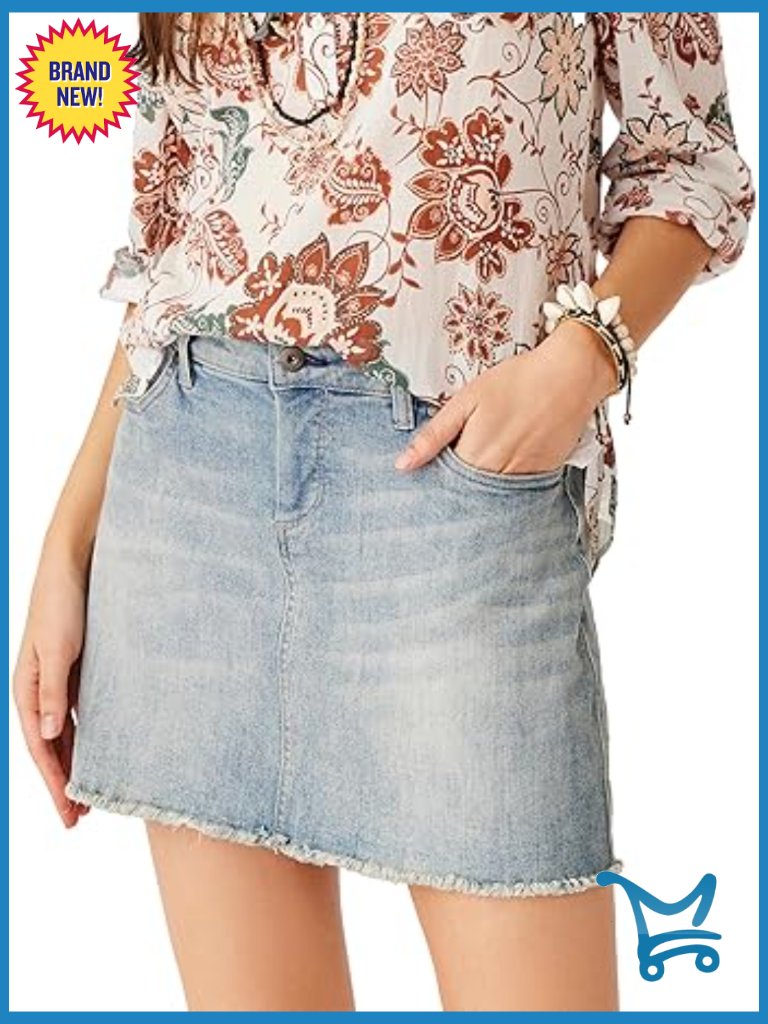 Stretch Denim A-Line Skirt With Raw Hem Mid Rise Mini